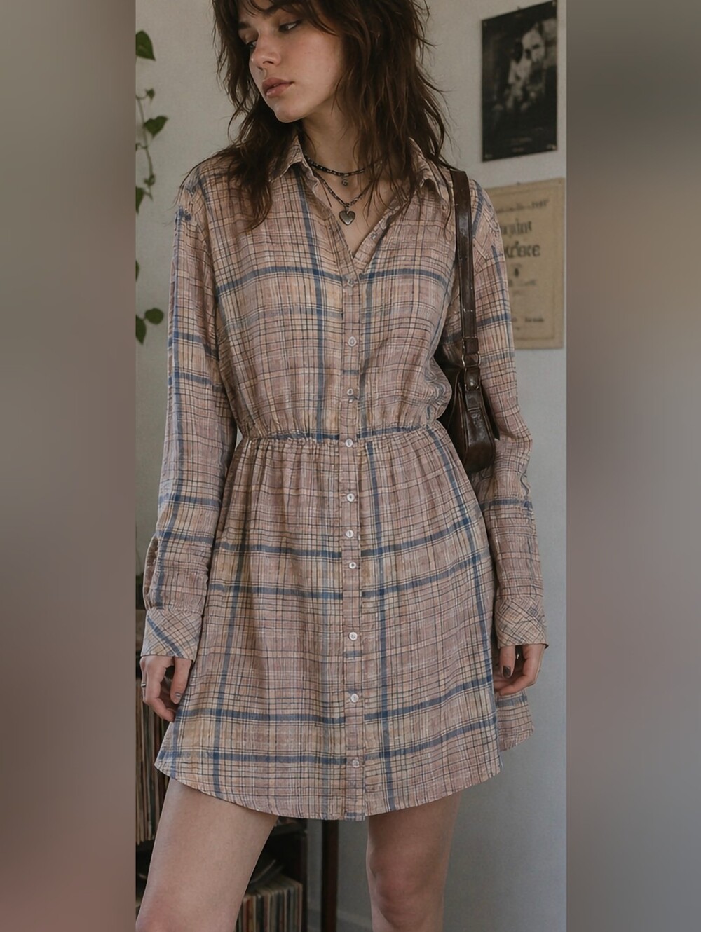 Free People Plaid Cutout Back Shirt Dress Tunic Pink Blue Size M
